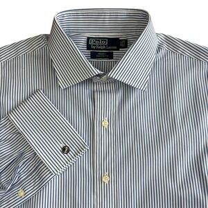 Ralph Lauren Regent French Cuff Dress Shirt Mens 17.5 x36 Custom Fit Navy Stripe